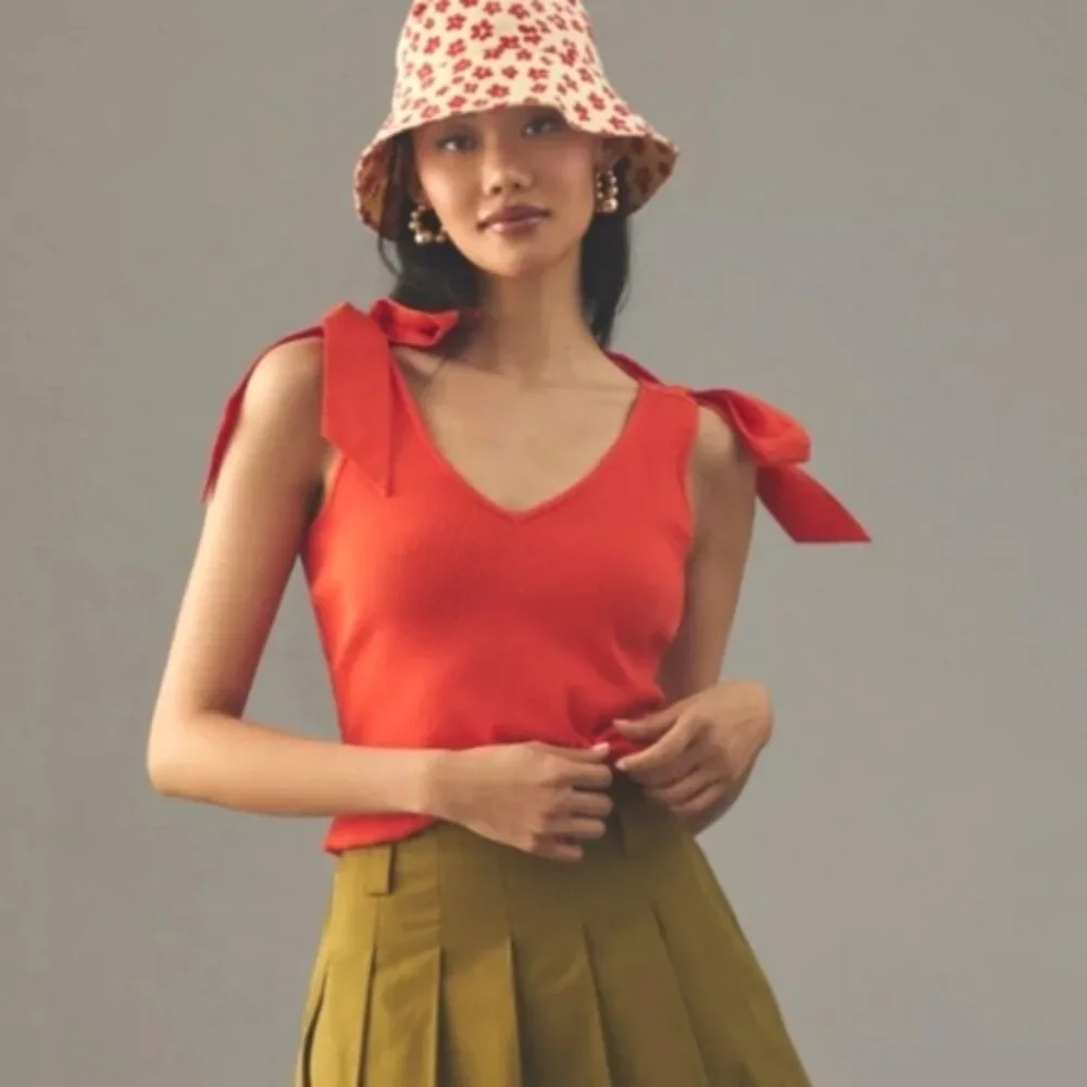 Anthropologie Maeve The Rafaela Ribbed Tank Top Bow Tie Shoulder Orange XS Small - Picture 2 of 11
